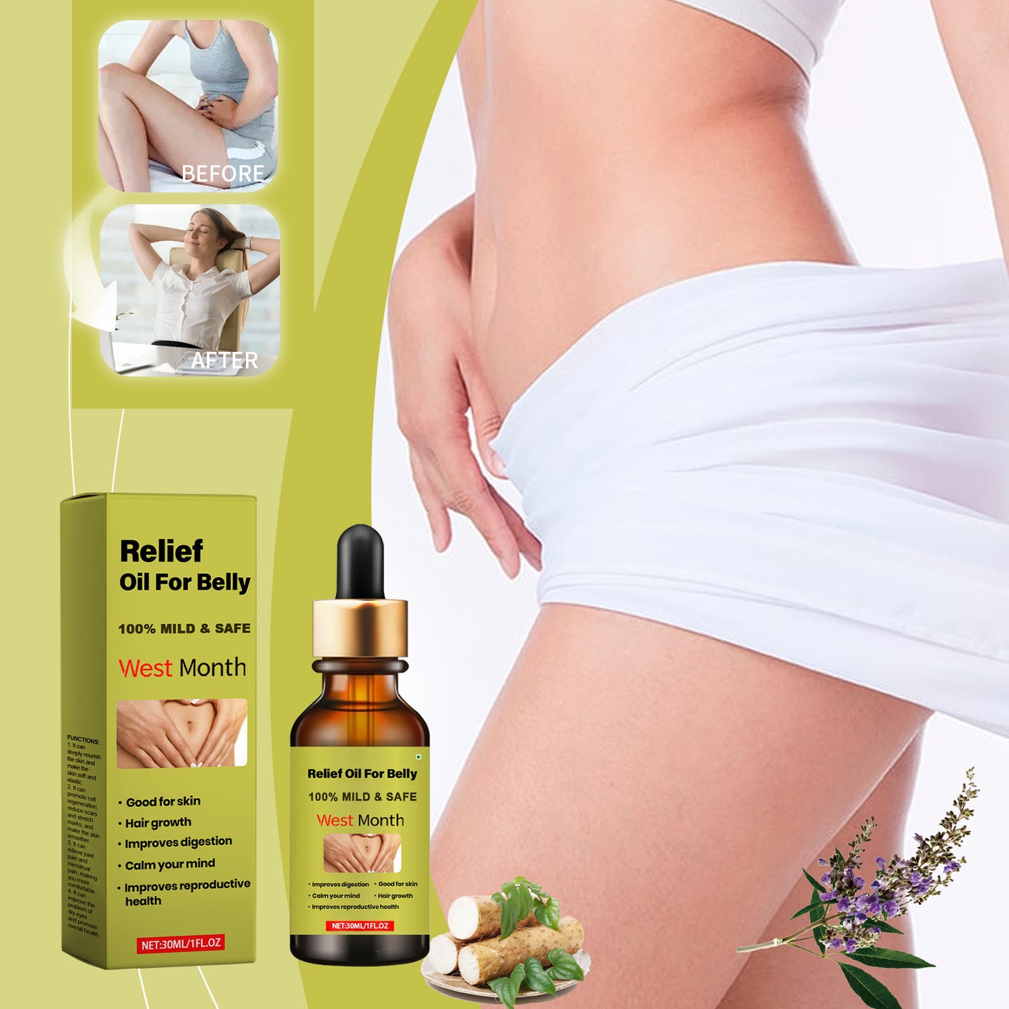 Aceite Esencial West & Month para el Cuidado Corporal: Tratamiento diario de masaje para el vientre y cuidado general del cuerpo.(Vientre de Seda)