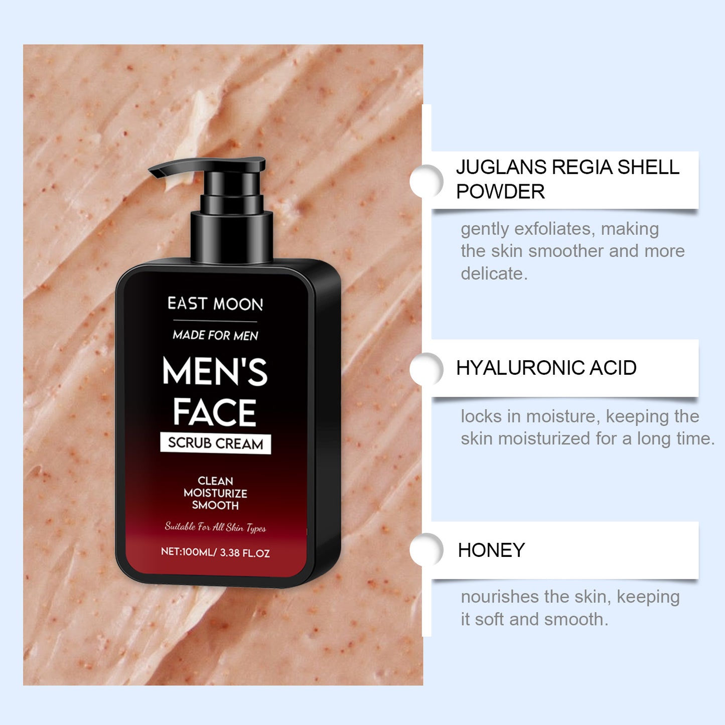 Exfoliante Control de Aceite para Hombres East Moon: Limpia suavemente la piel del rostro con un exfoliante refrescante y humectante que controla el exceso de grasa.(Belleza al tacto)