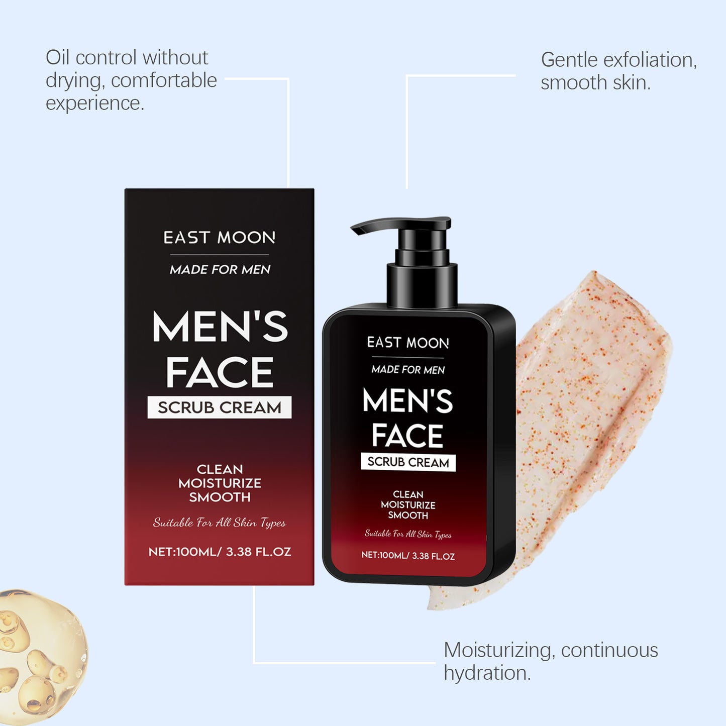 Exfoliante Control de Aceite para Hombres East Moon: Limpia suavemente la piel del rostro con un exfoliante refrescante y humectante que controla el exceso de grasa.(Belleza al tacto)