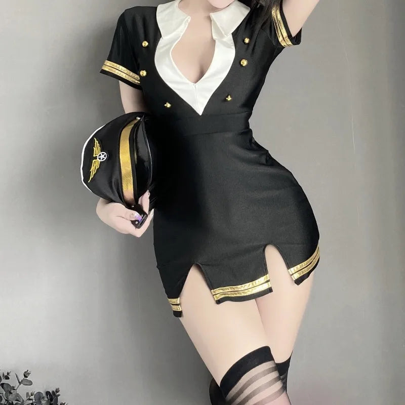 Azafata Traviesa (Disfraz sexy de azafata – Cosplay de asistente de vuelo, vestido/ uniforme de aerolínea para mujer, lencería de uniforme de aviación)