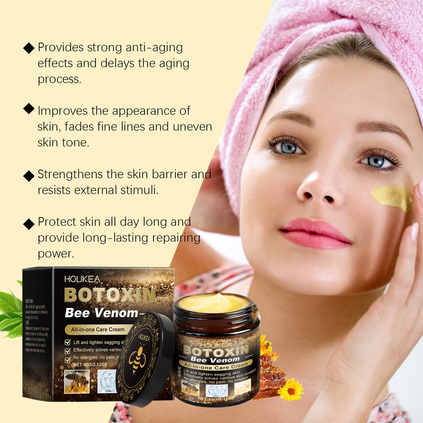 Houkea Bee Venom Skin Care Cream, Daily Skin Care Soothe Redness Improve Skin Brightening And Firming Skin Cream