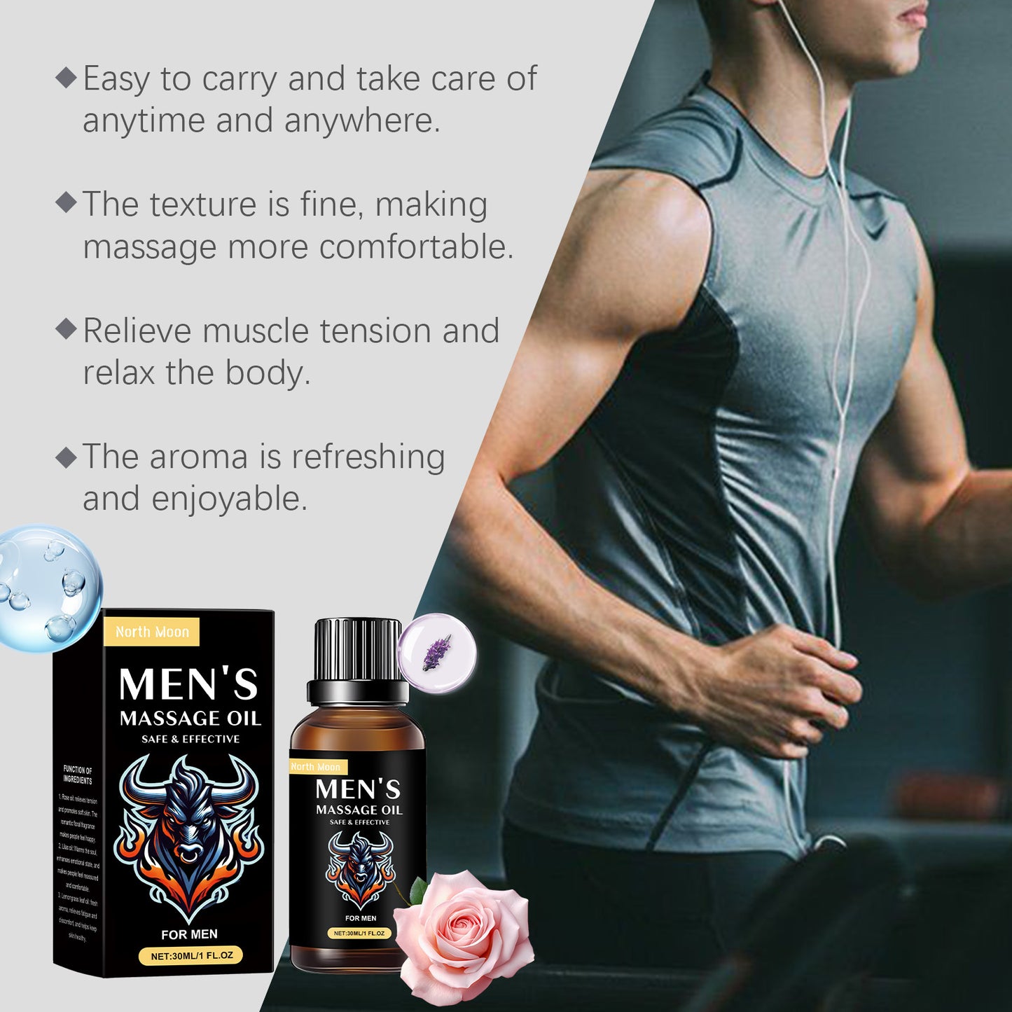 North Moon Men's Massage Oil Men's Body Moisturizing Topical Massage Skin Care Essential Oil